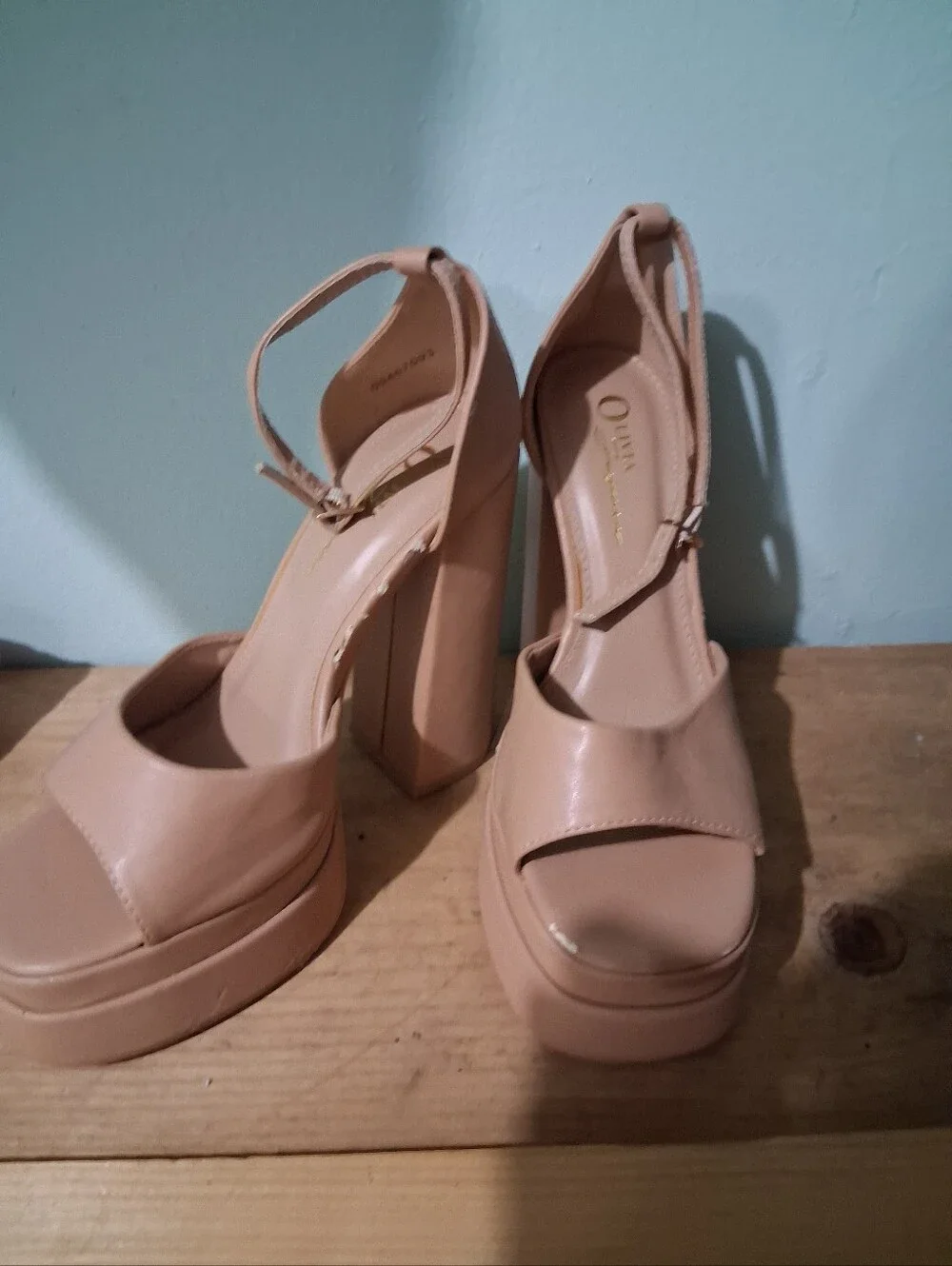 Chunky Platform Ankle-Strap Heels in Nude